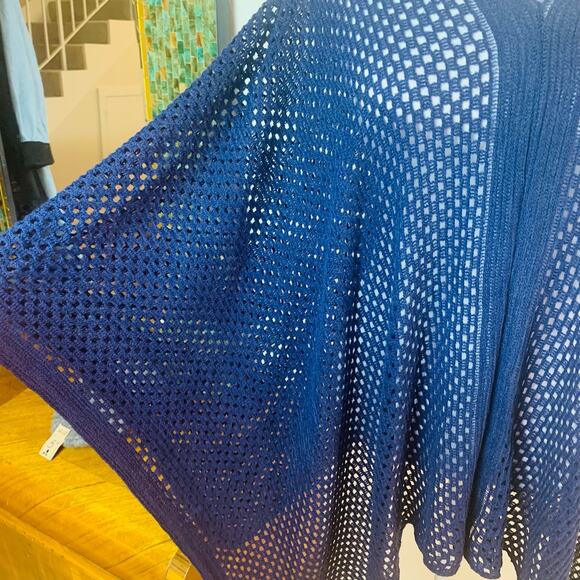 V-Neck Open Knit Kimono Sleeve Poncho Sweater Blue Pullover One Size - Picture 5 of 7
